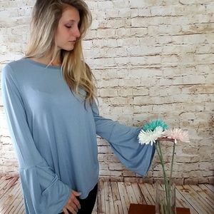 Bell Sleeved Light Blue Scoop Neck Top
